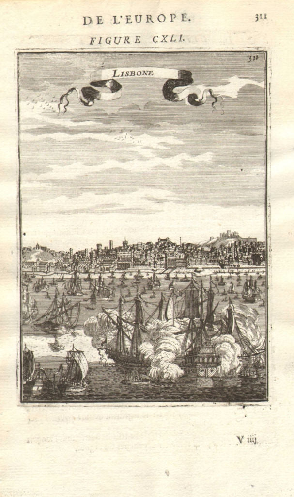 LISBOA (LISBON). Decorative view of the city Lisbon. boats & ships. MALLET 1683